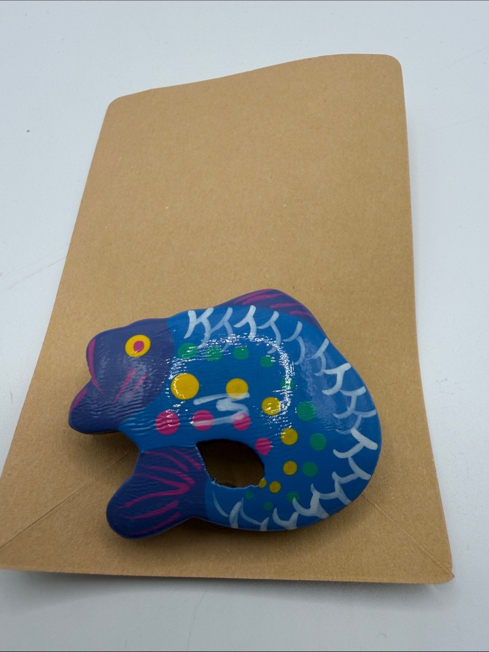 Hand Painted Wooden Fish Brooch Colorful Folk Art Statement Pin